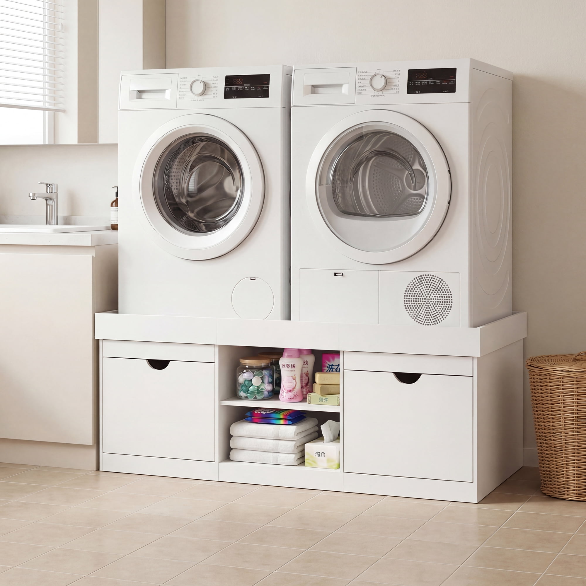 Advwin 57" Washer and Dryer Pedestal, Heavy Duty Washing Machine Stand with Laundry Basket Shelf, Large Drawers & Adjustable Storage Shelf, Universal Fit Anti-Vibration Laundry Pedestal, White