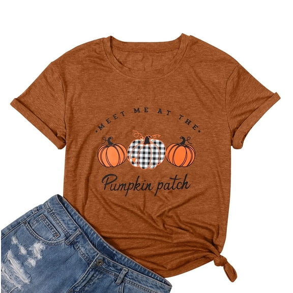 VILOVE Women Halloween Shirt Plaid Pumpkins Graphic Crew Neck Short Sleeve T-Shirts Tops