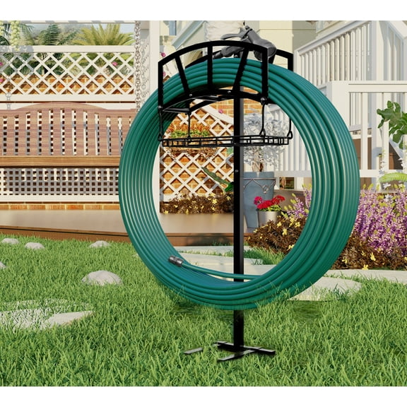 Fire Beauty Freestanding & In-Ground Hose Holder – Heavy Duty Outdoor Hose Organizer with Storage Basket – Detachable Rack for Lawn, Garden & Yard (Black)