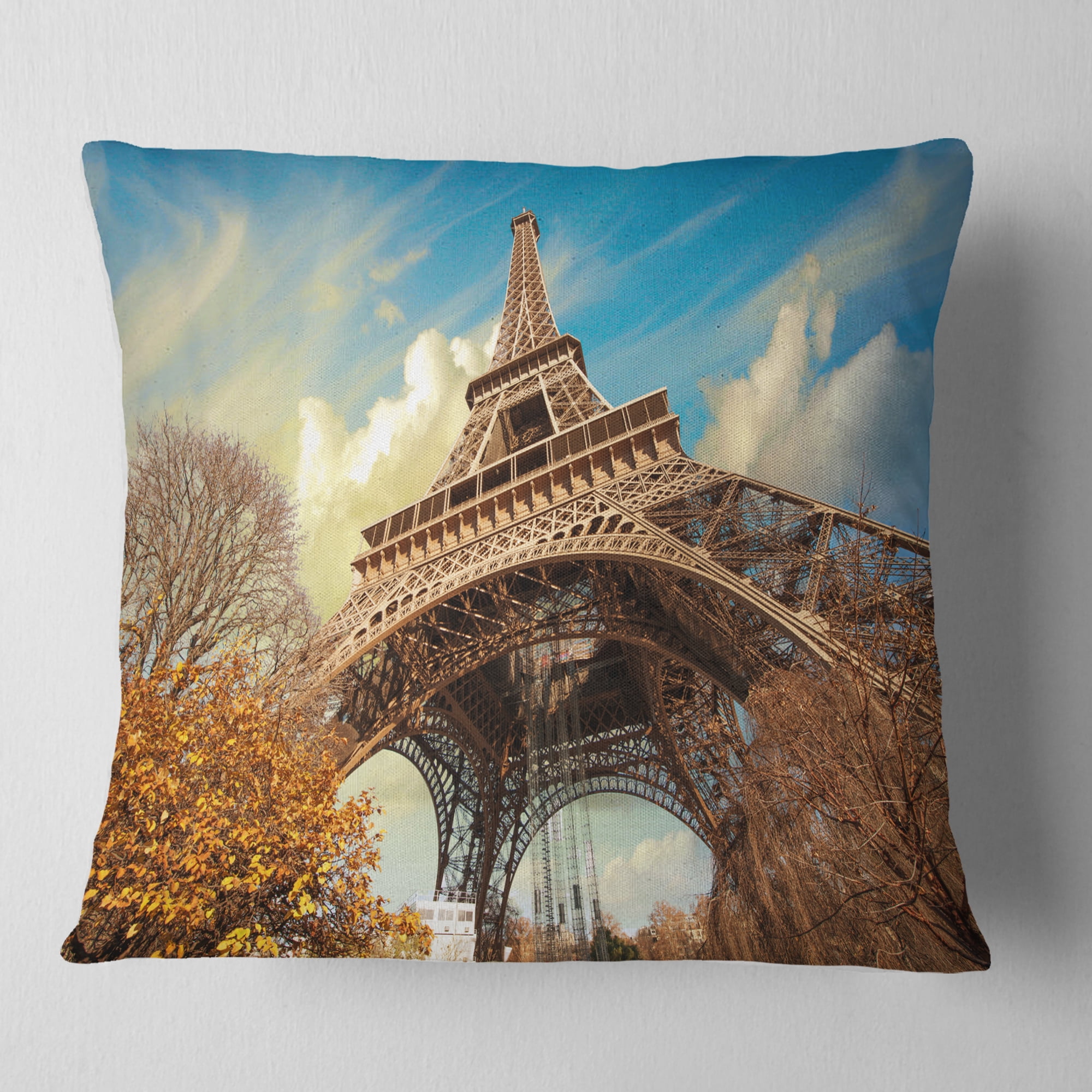Designart Eiffel with Winter Vegetation - Skyline Photography Throw Pillow - 16x16