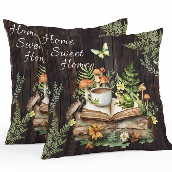 Pastoral Plant Outdoor Pillow Covers Pack of 2 Home Sweet Frog Butterfly Coffee Book Waterproof Throw Pillow Covers Decorative Cushion Cases for Patio Garden Tent Balcony Couch 16x16 inch