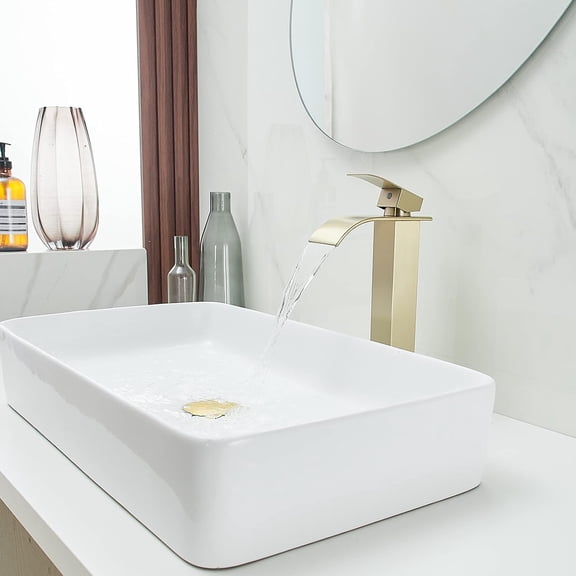 Vessel Sink Faucet Brushed Gold Faucet for Bathroom Sink Tall Waterfall Bathroom Faucet Single Handle One Hole Vanity Sink Faucet with Pop-up Drain
