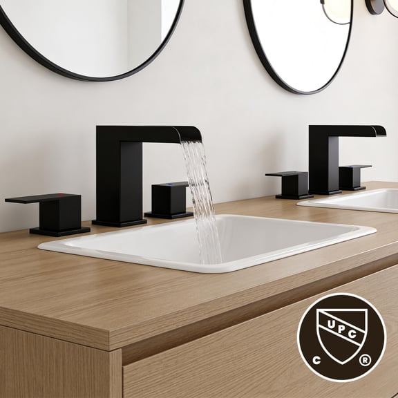Matte Black 8 in. Widespread Bathroom Faucet, 3-Hole Sink Faucet with Waterfall Spout, Dual Metal Handles & Pop-Up Drain
