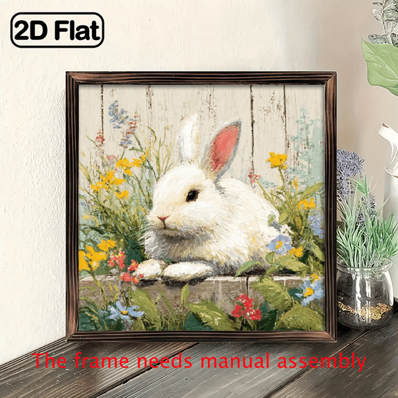 1pc Farmhouse Easter Bunny Wall Art White Painting with Picket Fence Flowers, Rustic Wood Sign, 8x8 inch Framed Hanging Decor for Porch, 2D Flat, Perfect for Room Decor.