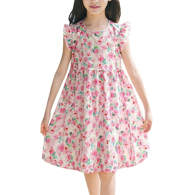 Robes de Printemps pour Fille, Robe Évasée à Étages en Ligne A pour Fille, Robe Sans Manches à Motif Floral, Robe Chic pour Fille