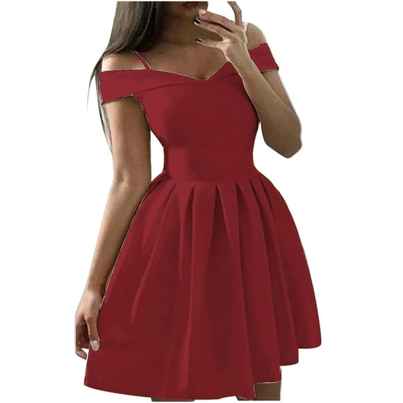 Sundresses for Women Trendy Clearance Women's off the Shoulder Satin Waist Pleated Dresses Short a Line Cocktail Prom Party Gowns with Pockets Women's Dresses Summer New Wine 3XL