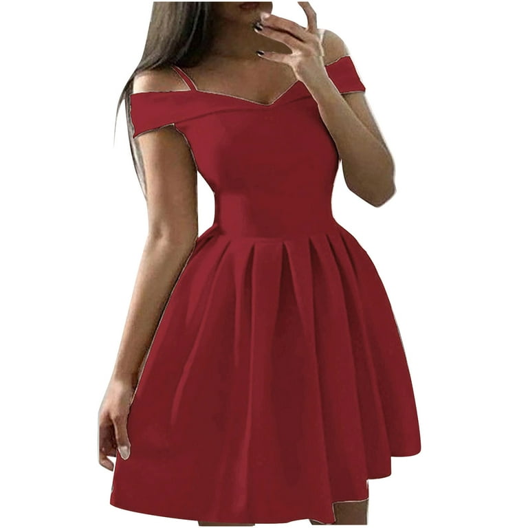 OKBOP Ball Gown Dresses for Women Women's Solid Color Bra Off Shoulder Dress  Waist Pleated Dress Large Swing Ball Dress Clearance Red XL(10) 