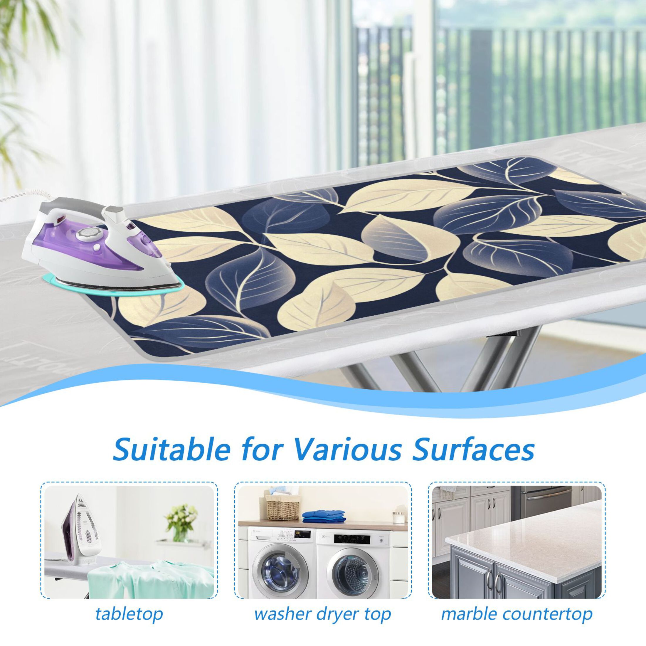 Dark Blue and Beige Leaves Ironing Mat Blanket Portable Travel Ironing Pad Heat Resistant Pad 47.2" x 27.6”