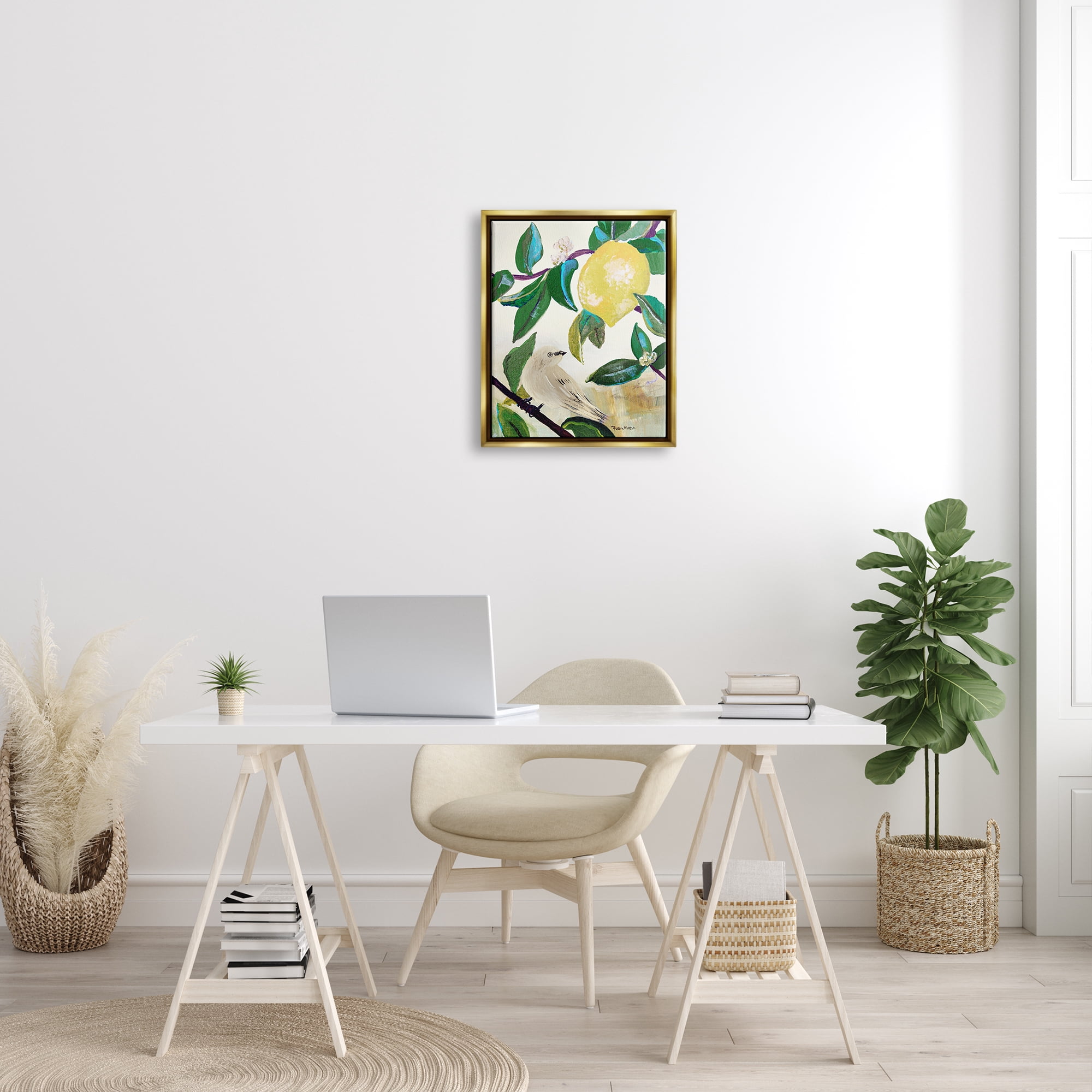 Stupell Industries Vivid Yellow Lemon Citrus Fruit Bird Perched Painting Metallic Gold Floating Framed Canvas Print Wall Art, Design by Robin Maria