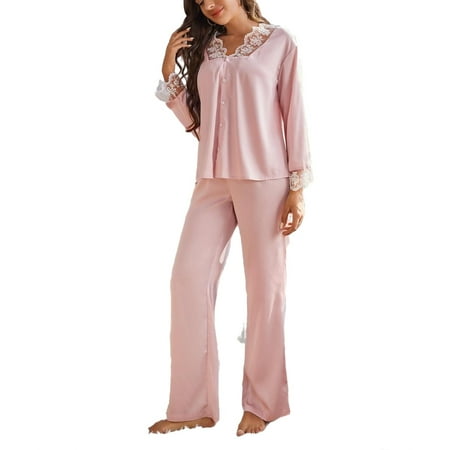 

2pcs Set Casual V neck PJ Pant Sets Long Sleeve Dusty Pink Women s Pajama Sets (Women s)