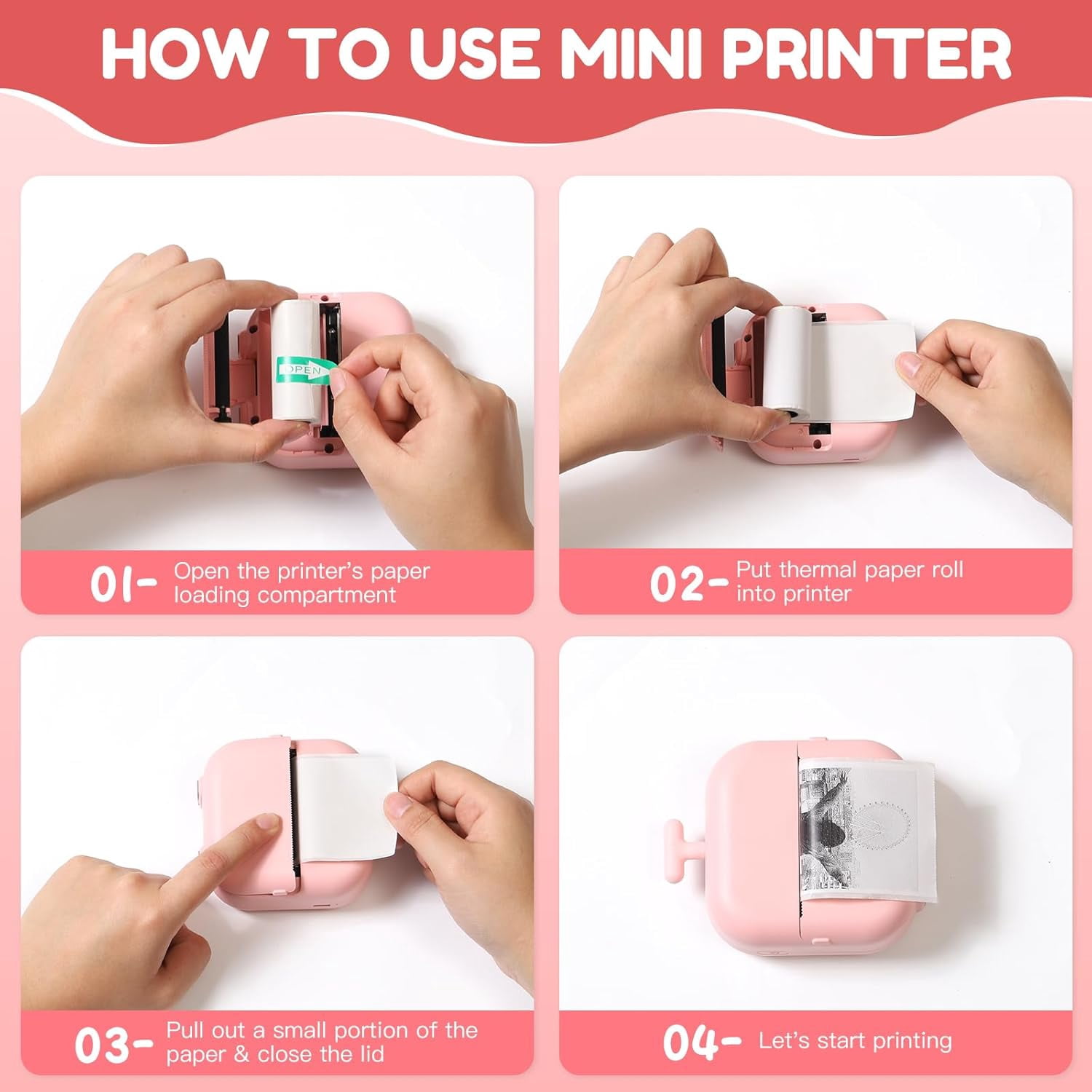 Wiher Mini Thermal Printer, Small Bluetooth Printer for IOS & Android Phone, Pocket Study Printer with AI Painting Function &13 Rolls Paper for Photo Journal Notes Memo(Pink)
