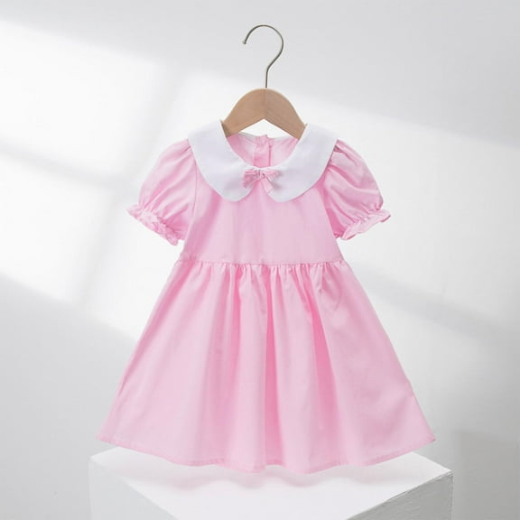 Little Girls Dresses 2025 Size 2-6 Toddlers Kids Cute Short Puffed Sleeve Doll-Collared Solid Color A-Line Dress