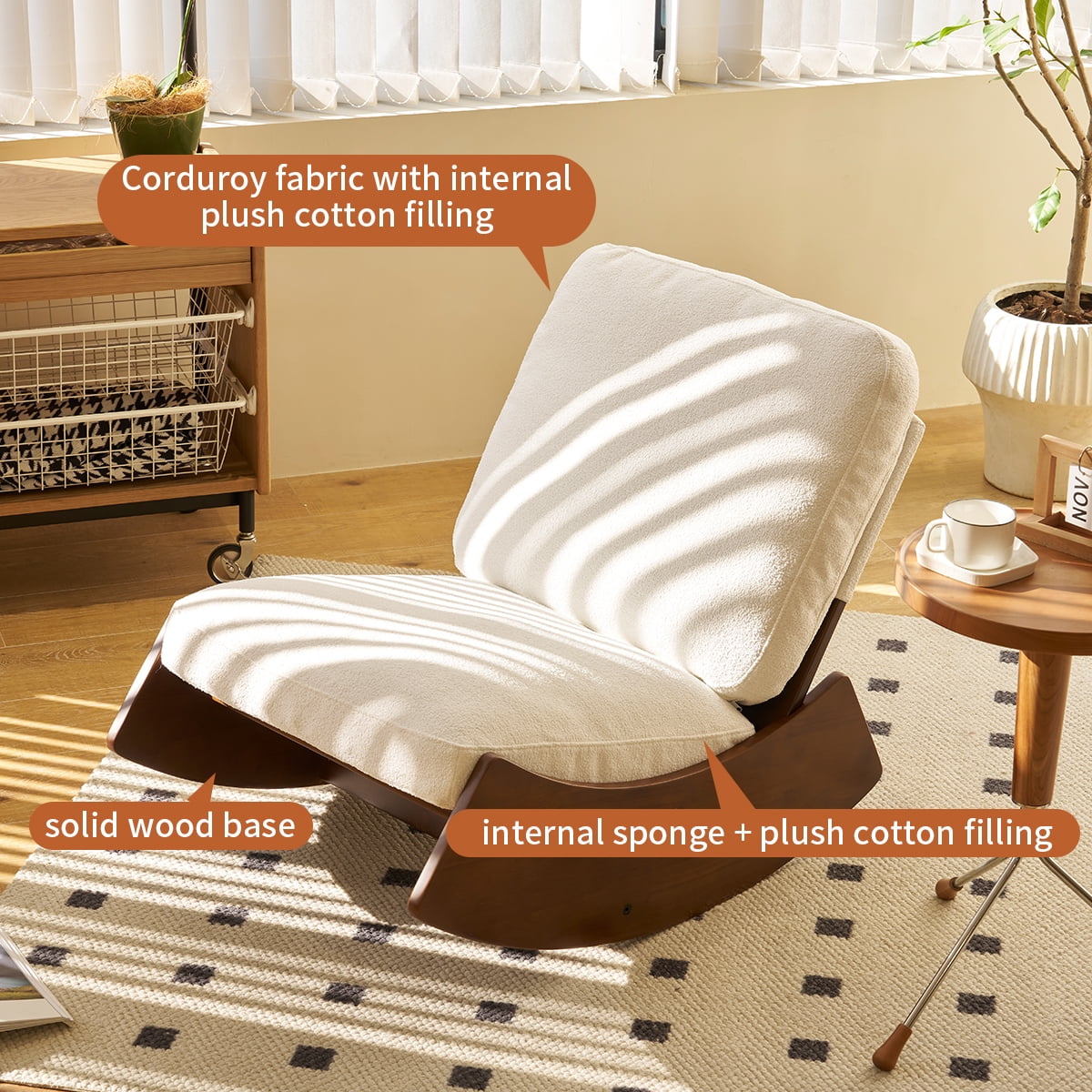 Royard Oaktree Rocking Chair with Solid Wood Base, Mid-Century Modern Upholstered Rocker Glider Chair Armless Accent Reading Chair for Bedroom, Living Room, Balcony, Office. (White)