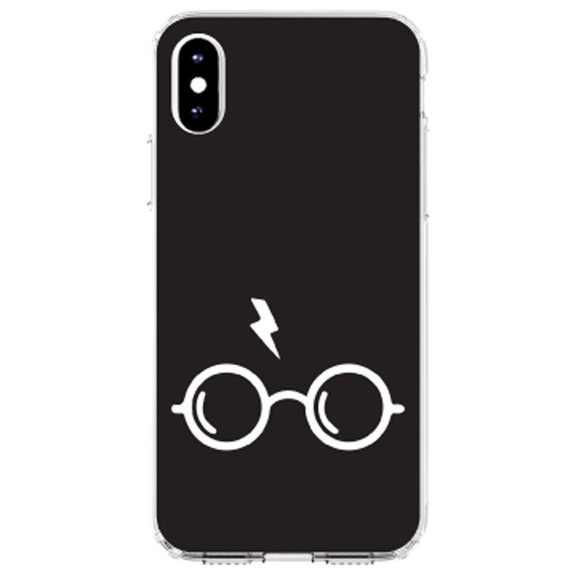 DistinctInk Clear Shockproof Hybrid Case for iPhone XR (6.1" Screen) - TPU Bumper, Acrylic Back, Tempered Glass Screen Protector - Potter-inspired Glasses