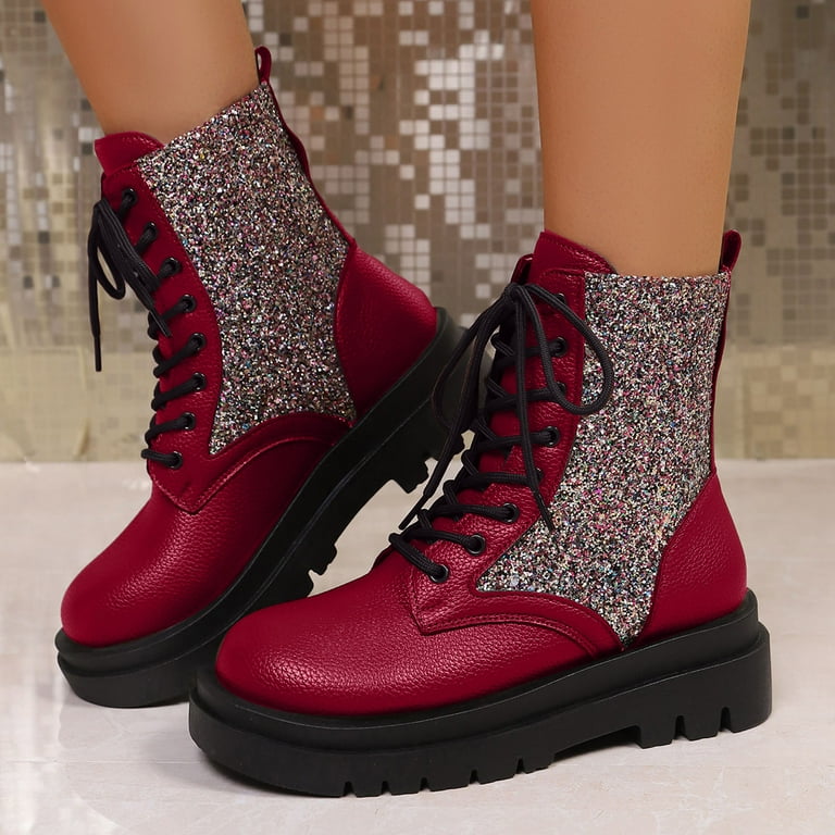 Dakaela Women's Platform Combat Ankle Boots Rhinestone Lace up