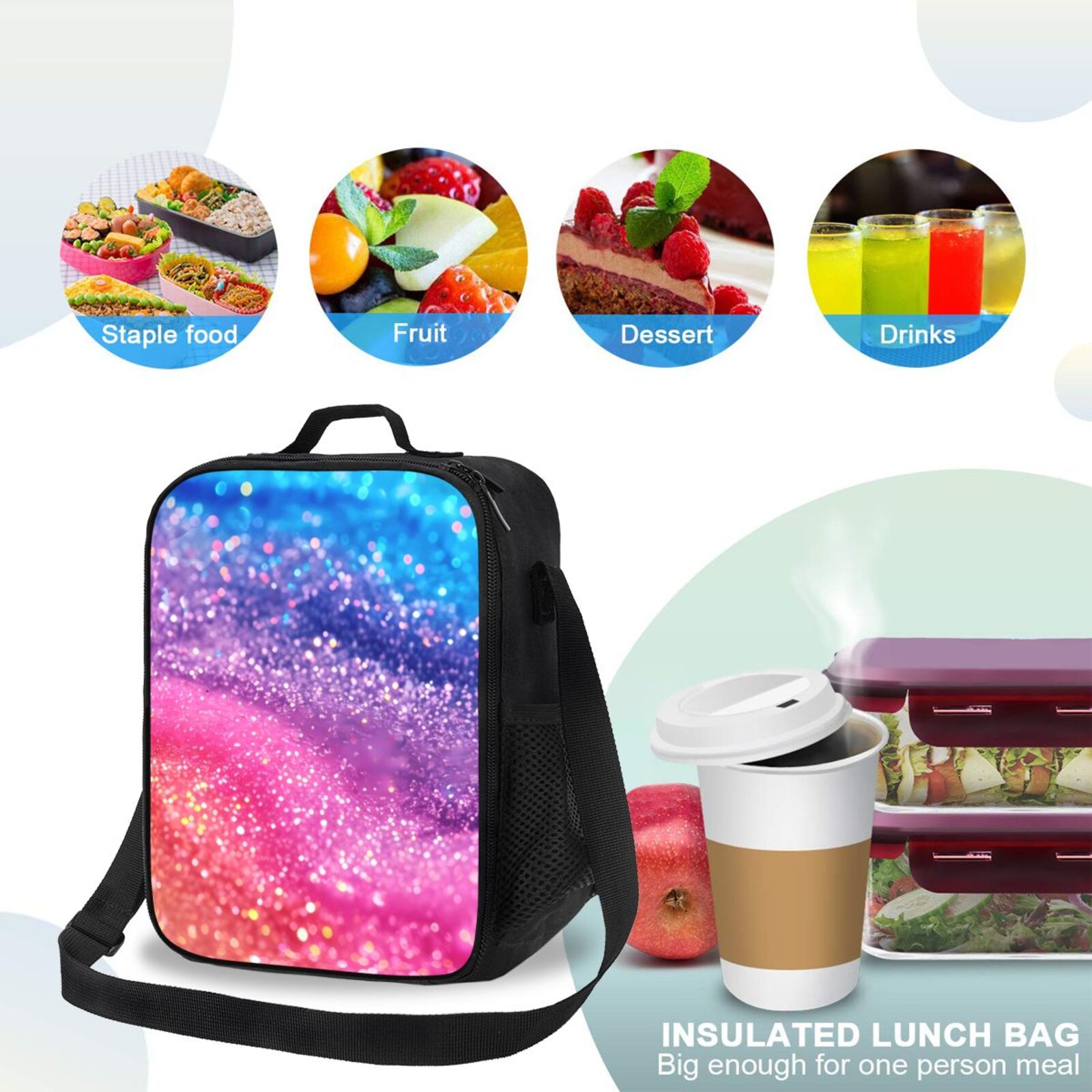 Xecao Rainbow Glitter Cute Print Lunch Bag - Durable, Double-Insulated Lunch Bag, Holds Lunch Box, Water Bottle, & Snacks,Leakproof Cooler Tote Bag