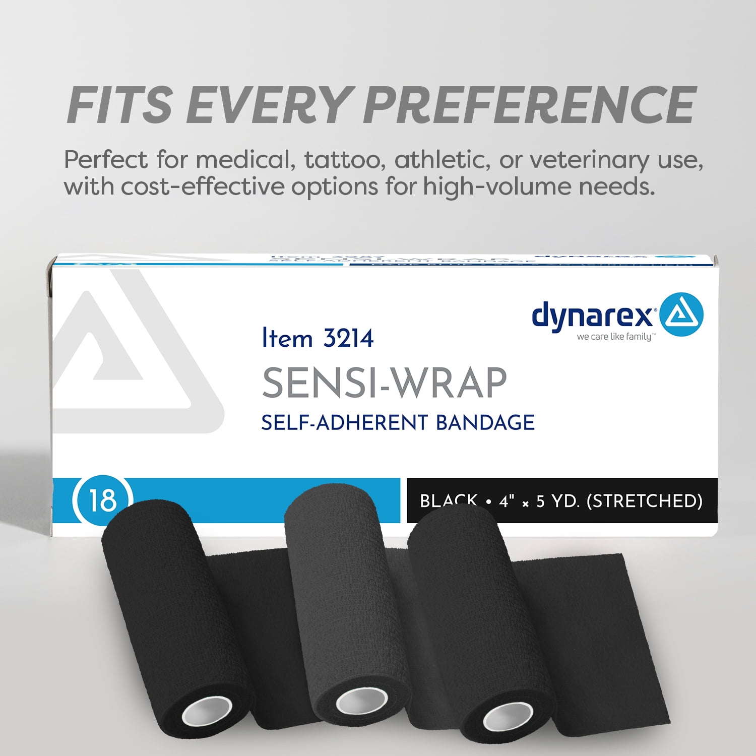 Dynarex Sensi-Wrap Self-Adhesive Bandages, 18-Pack, 4" x 5 yards, Black, Latex, Colored Elastic Cohesive Athletic Tape, Tattoo Grip & Vet Wrap