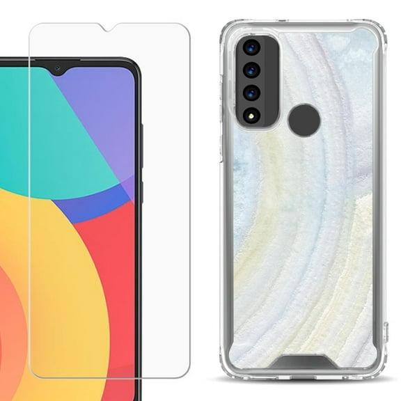 Shockproof Bumper Phone Case for TCL 20 XE, with Tempered Glass Screen Protector, by OneToughShield ® - Marble / Rainbow