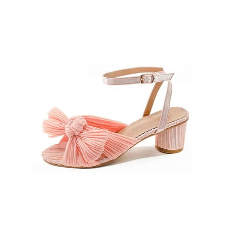 

Sanviglor Women Heeled Sandal Ankle Strap Casual Shoes Chunky Block Sandals Office Non Slip Lightweight Dress Shoe Elegant Bow Heels Pink 8.5