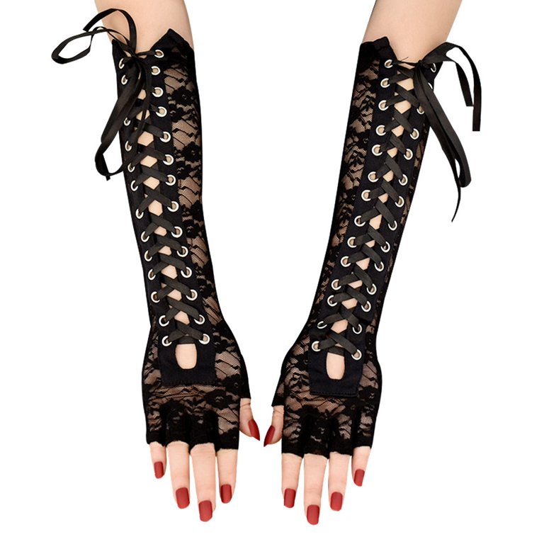 Ovticza Womens Lace Up Half Finger Gloves Cosplay Gothic Arm