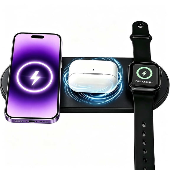 3 in 1 Magnetic Wireless Charging Station Black, Qi2 Certified 15W Fast Charging Pad Compatible with iPhone/Apple Watch/AirPods