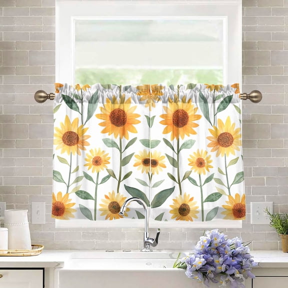 Yayeee Kitchen Curtains Tier Pair Light Filtering 27"x36" Rod Pocket Short Cafe Window Panel, Sunflowers and Leaves Pattern