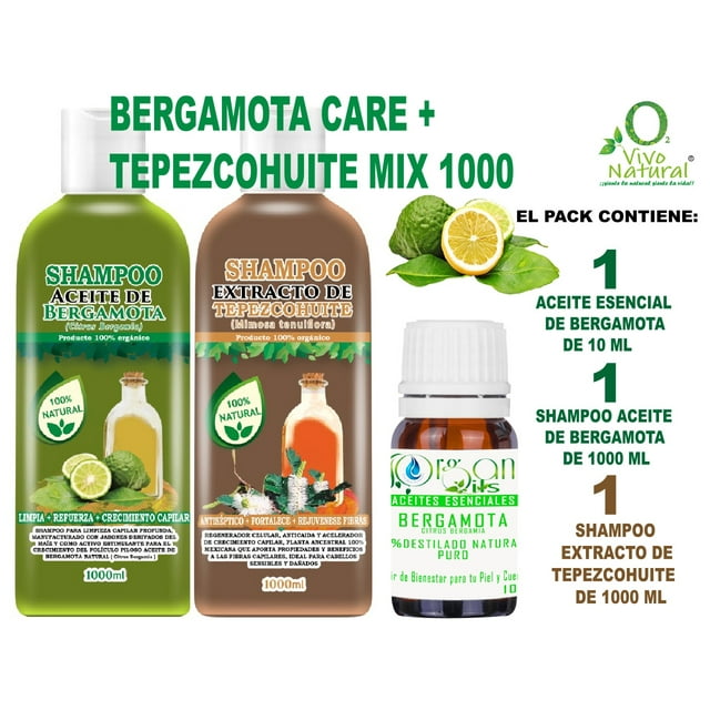Bergamota Care + Tepezcohuite Mix 1000 VIVONATURAL. Shampoo Aceite de Bergamota 1000 ml + Shampoo Extracto de Tepezcohuite 1000 ml + Aceite Esencial de Bergamota 10 ml