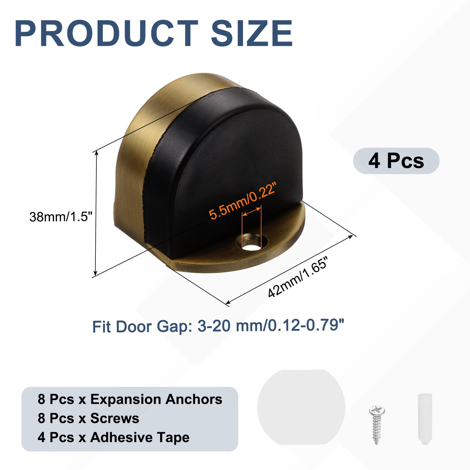 Uxcell 4 Pack Low Dome Floor Door Stop, 1.5" H x 1.65" W Stainless Steel Door Stopper, Rubber Bumper Wall Protector with Screws&Adhesive Tape for Bedroom Bathroom Office, Brass Tone