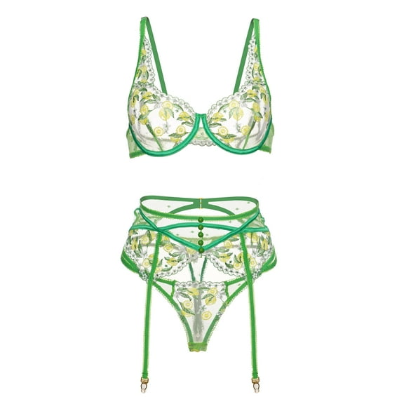 Fresh Lemon Embroidery Lingerie Set (GREEN, S)