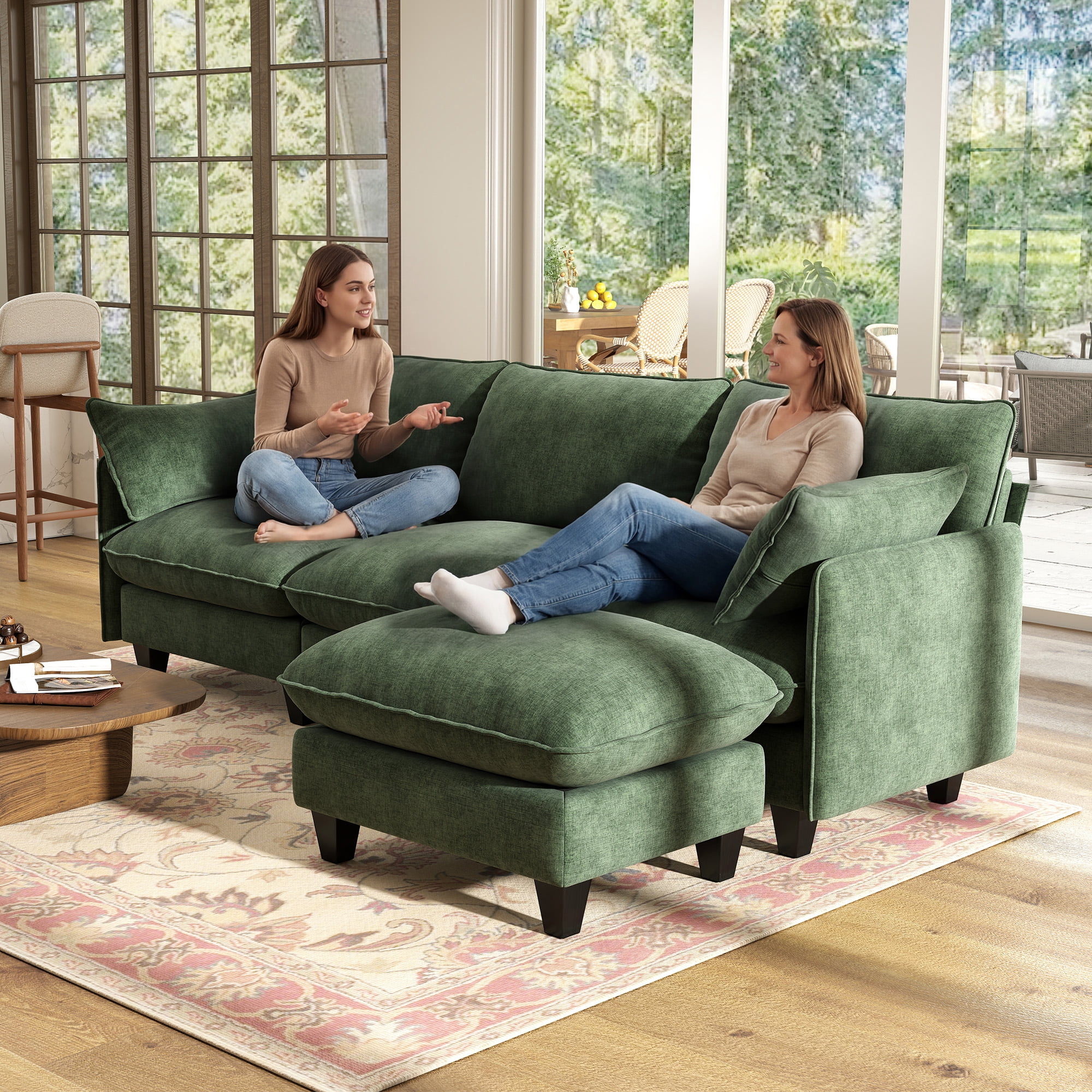 BedLuxury 105" Modular Sectional Sofa with Movable Ottoman, L-Shaped Deep Seat Cloud Couch for the Living Room, 3-Seat, Green