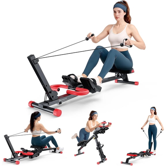 4-in-1 Foldable Ab Machine & Rowing Machine for Full Body Home Gym Workout, Adjustable Handle, LCD Monitor