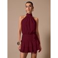 thumbnail image 7 of Burgundy Sleeveless High-Neck Ruffle Hem Mini Sundress, Elegant Fit For Parties, Dates, Summer Events, 7 of 7