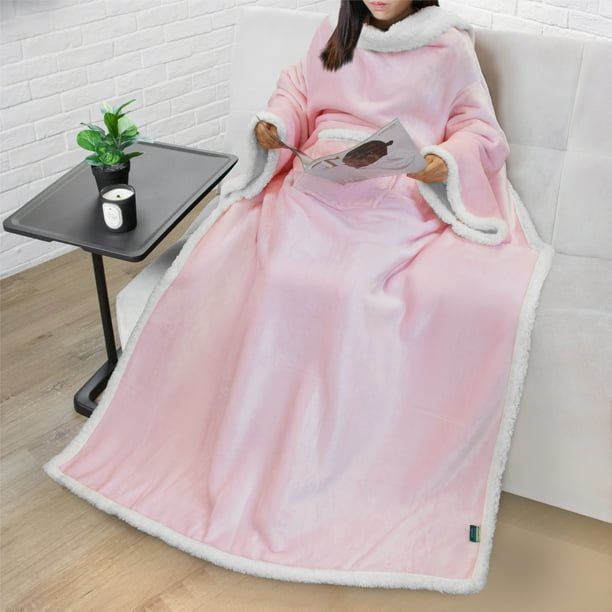 PAVILIA Sherpa Fleece Wearable Blanket with Sleeves for Adult Women Men