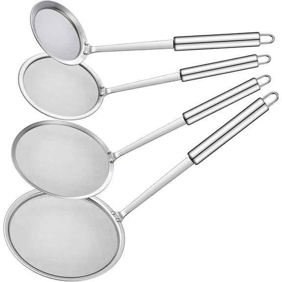 4 Pack Fine Mesh Skimmer Spoon - Stainless Steel Hot Pot Fat Skimmer Mesh Strainer Spoon for Oil Filter Skimming Grease and Foam with Long Handle Kitchen Cooking Food Strainer Ladle