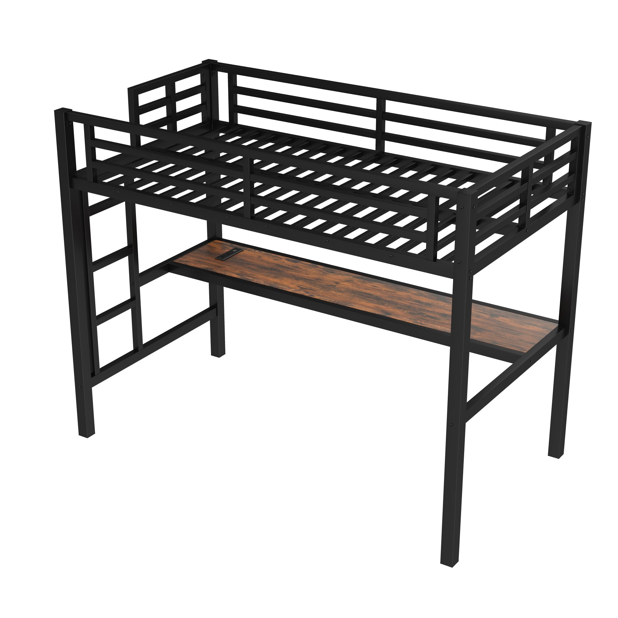 Aukfa Twin Size Metal Loft Bed with Desk, Charging Station and LED Lights for Kids, Space-Saving, Heavy Duty, Black