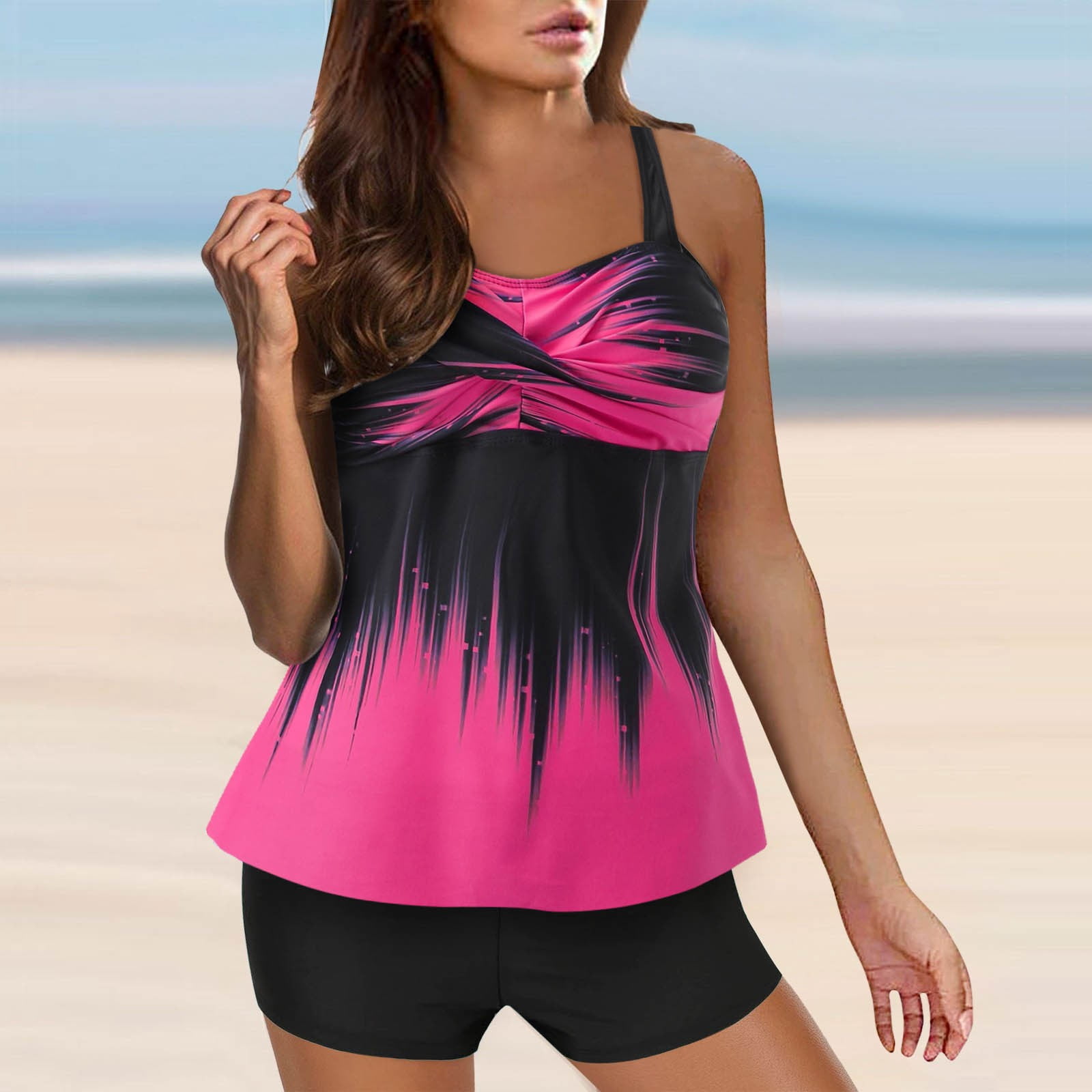 BOBOGOJP Summer Blouson Tankini Swimsuits for Women 2026 Tummy Control Two Piece Bathing Suits with Sporty Pockets Swim Shorts Hot Pink for Size XL