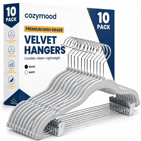 Cozymood Grey Velvet Hangers 10 Pack, Premium Clothes Hangers Non-Slip Felt Hangers