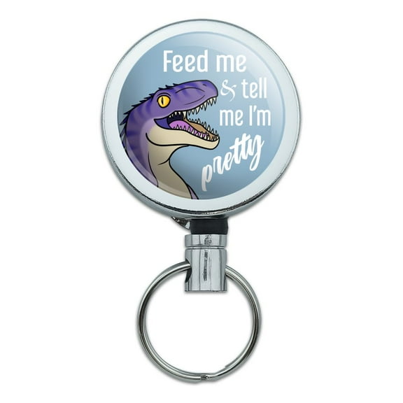 Velociraptor Feed Me and Tell Me I'm Pretty Dinosaur Funny Heavy Duty Metal Retractable Reel ID Badge Key Card Tag Holder with Belt Clip
