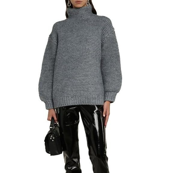 Women's Long Sleeve Folded Turtleneck Knit Woven Chunky Pullover Sweater GRAY 20W/L