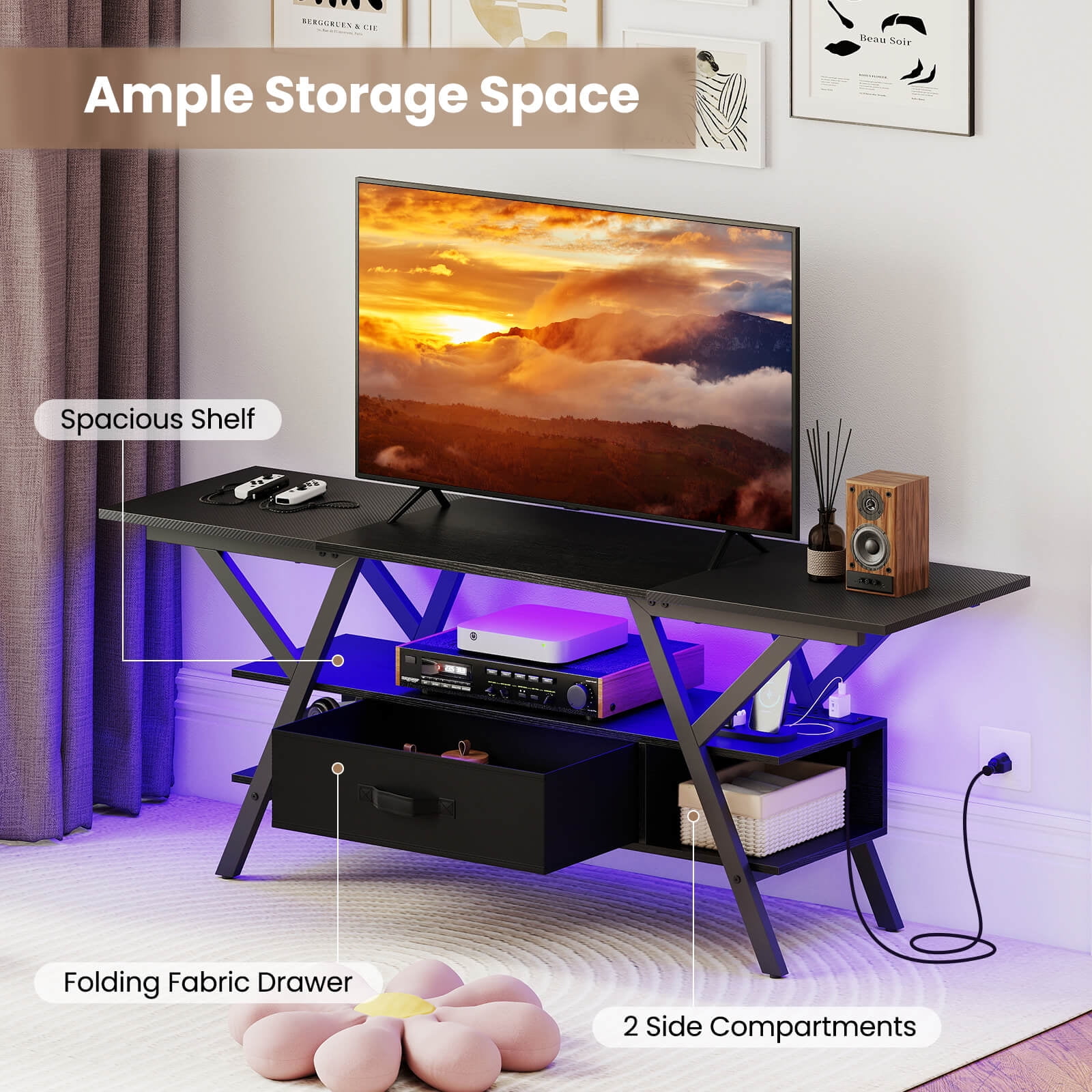 Costway 3-Tier TV Stand with Power Outlets for 65” TVs, LED Lights & Remote Storage Shelves Black