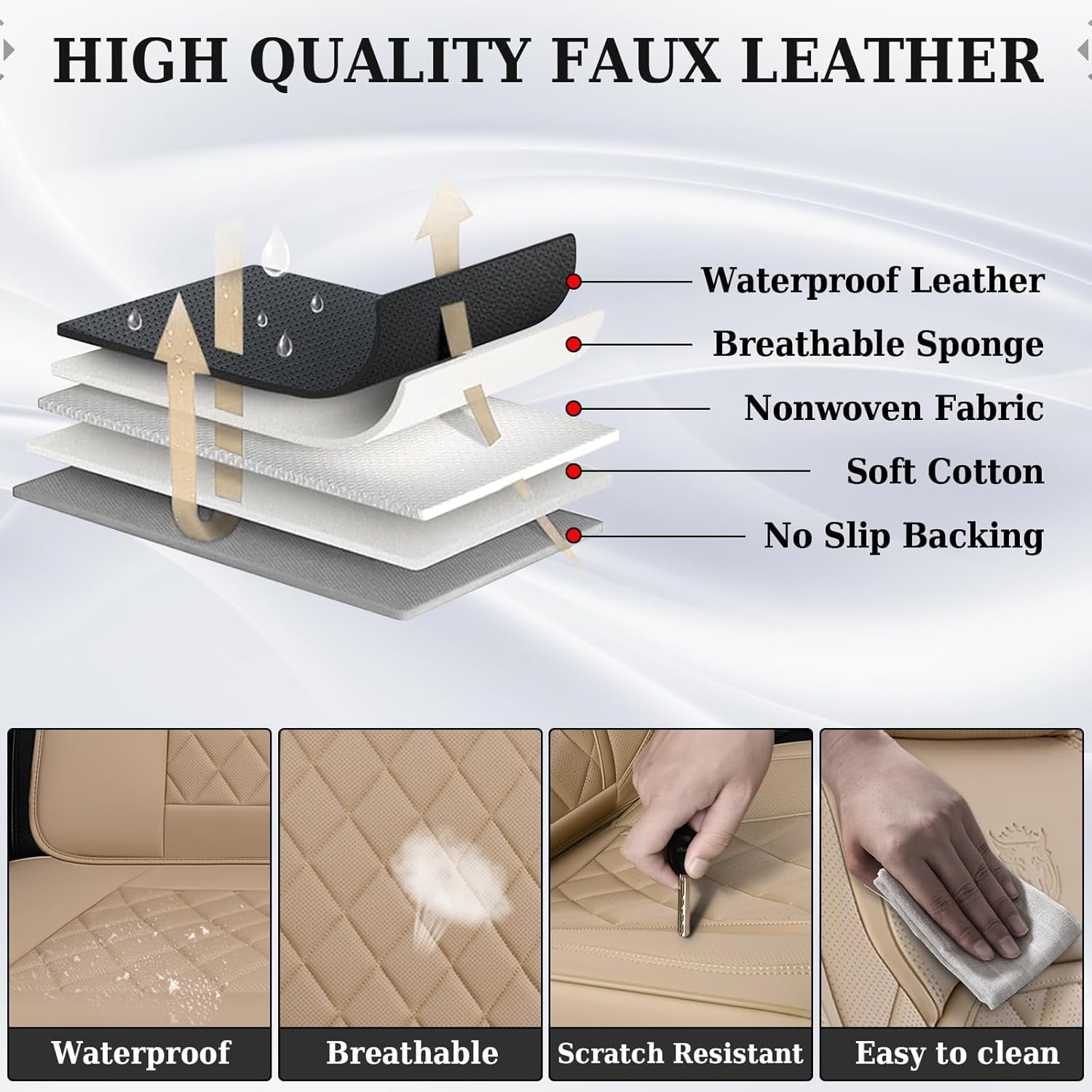 Coverado Front Car Seat Covers, Waterproof Premium Leather Seat Cushions, 6 Pieces Auto Interior Protectors Universal Fit Most Cars, Suvs, Pickup Trucks, Beige