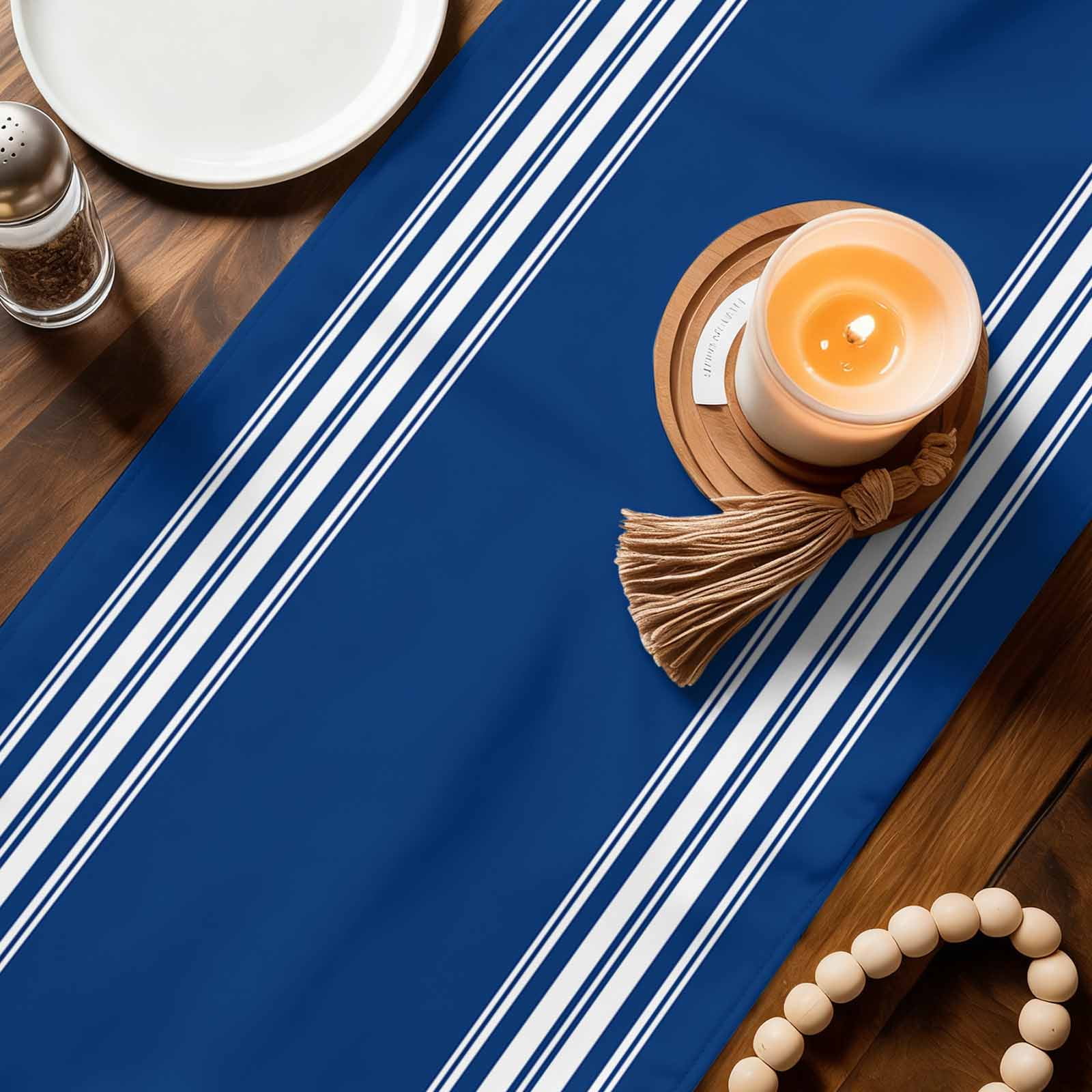 Blue Striped Table Runner, Farmhouse Blue White Stripes Washable Cotton Linen Table Runners 108 Inches Long, Dresser Scarf Runner for Dining/Living Room/Kitchen/Square Tables 13''x108''