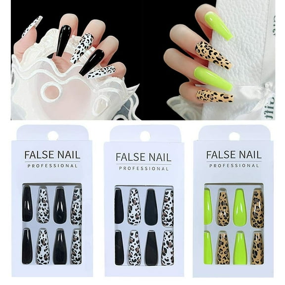 Kalolary Long Press-On Coffin Nails – Full Cover Ballerina Fake Nails with Leopard Print Design, Acrylic False Gel Nail Tips, Includes Adhesive Tabs for DIY Nail Art Salon Use