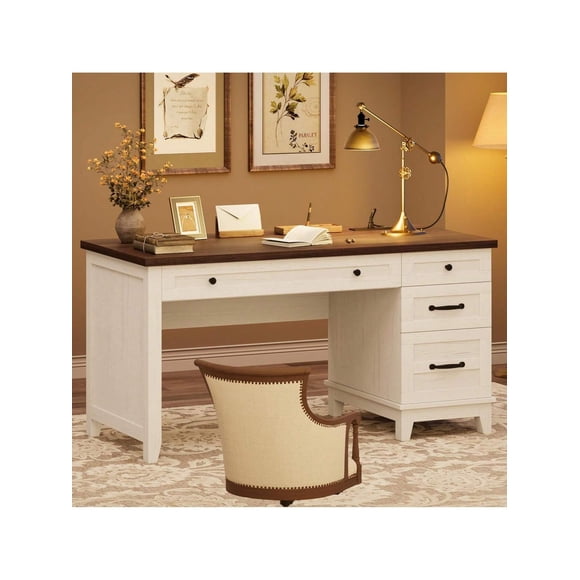 Ourlova 53.5 inch Executive Desk With Power Outlet Home Office Desk With Drawers Wooden Work Desk With File Cabinet Computer Desk For Work Study Writing