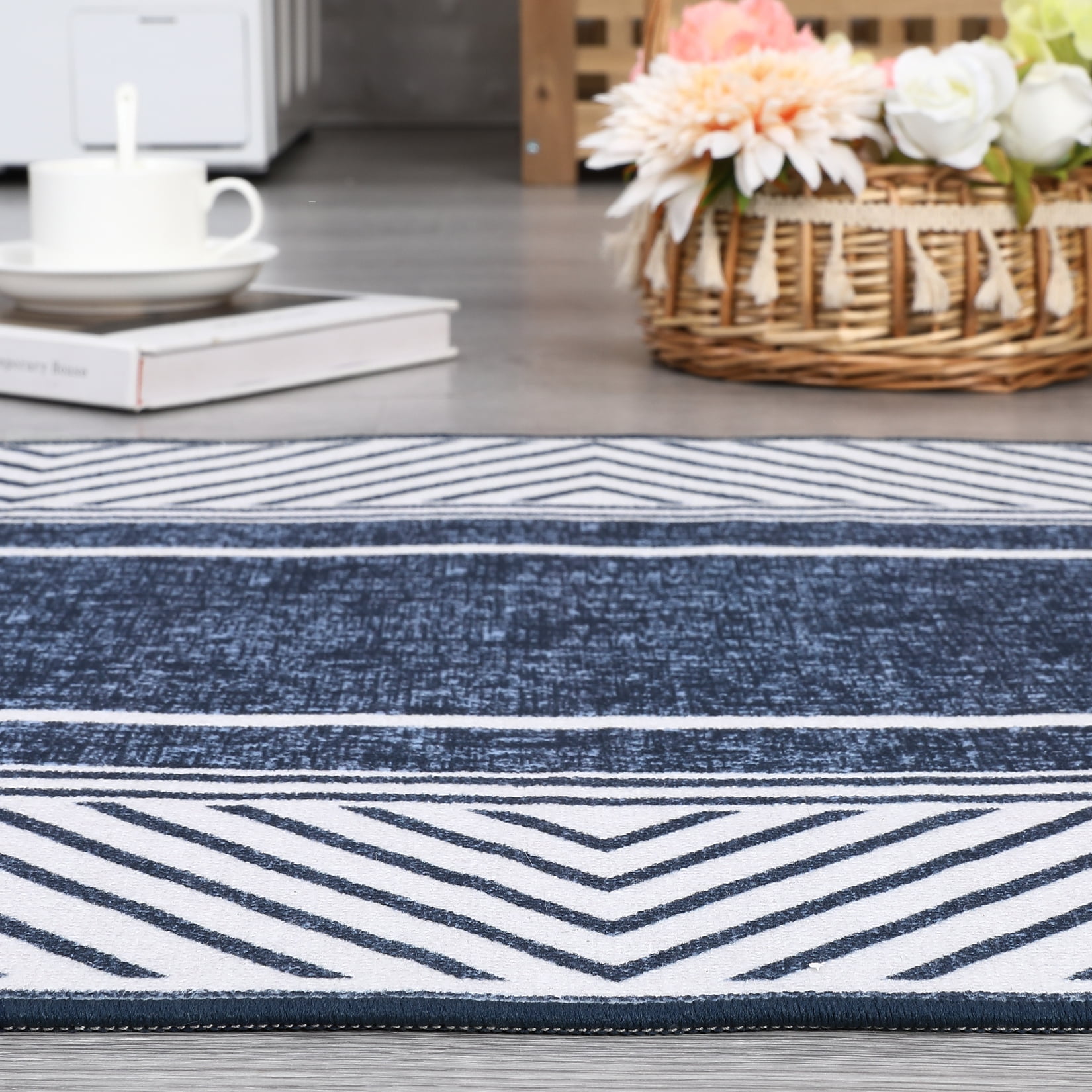 Hasoo 9' x 12' Area Rug Modern Geometric Bordered Carpet for Living Room Bedroom, Blue