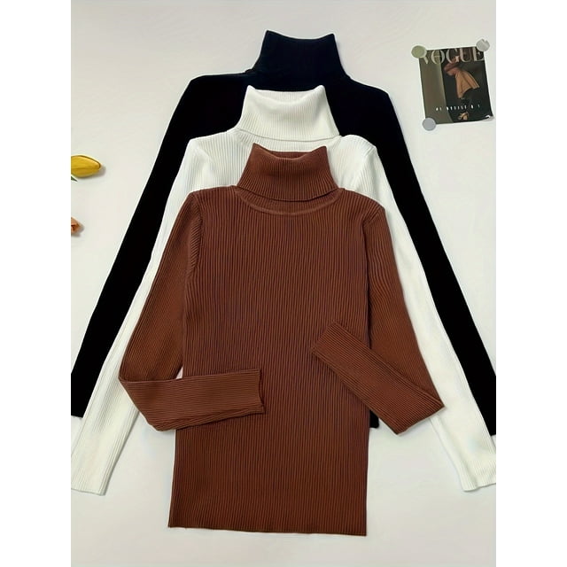 Lot de 3 Chandails à Col Roulé Tricotés pour Femmes, Doux et Confortables, Couleurs Unies, Chandails d'Hiver