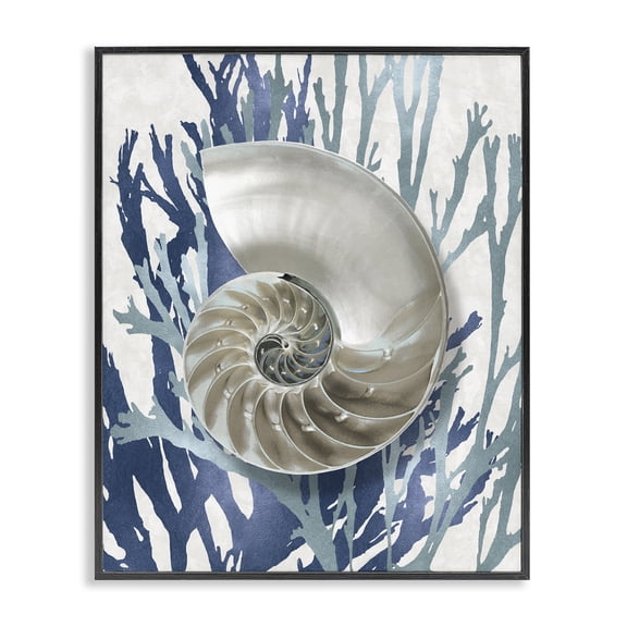 Stupell Industries Glam Shell Coral Beach Blue Black Framed Giclee Art, 11 x 14, by Caroline Kelly