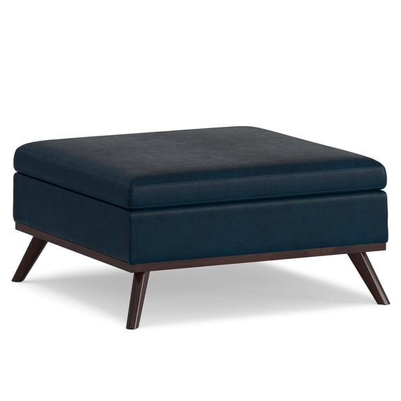 Pemberly Row Mid-Century 36" Faux Leather Ottoman in Distressed Blue