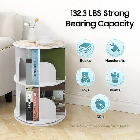 2-Tier 8-Compartment Rotating Bookshelf 360° Spinning Display Organizer with Thickened PVC Shelves