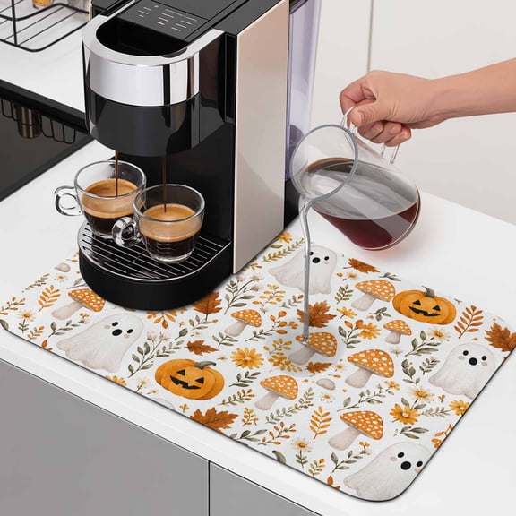Halloween Dish Drying Mats for Kitchen Counter, Cute Ghosts Fall Pumpkins Maple Leaf Mushrooms Floral Absorbent Coffee Bar Mat with Non-slip Rubber Backed Quick Drying Dish Rack Pad 16"x24"